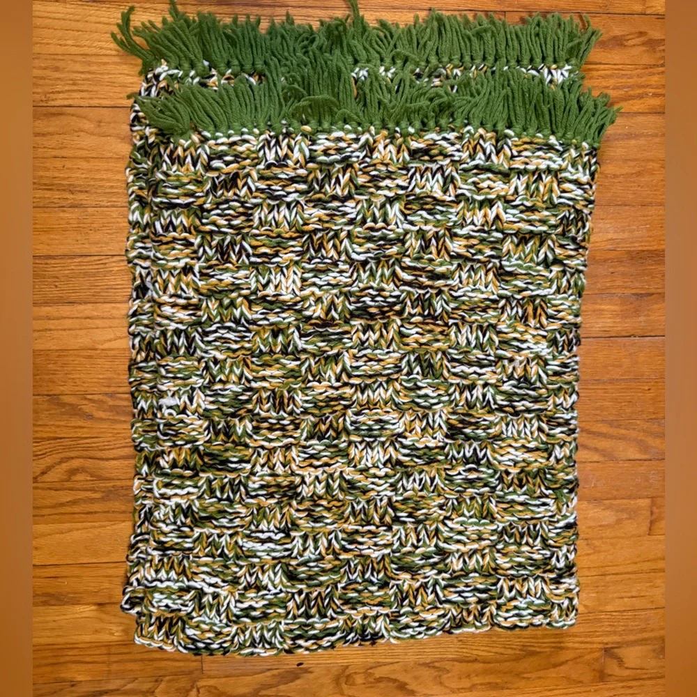 Vintage Handmade Green and Multicolor Knitted Blanket